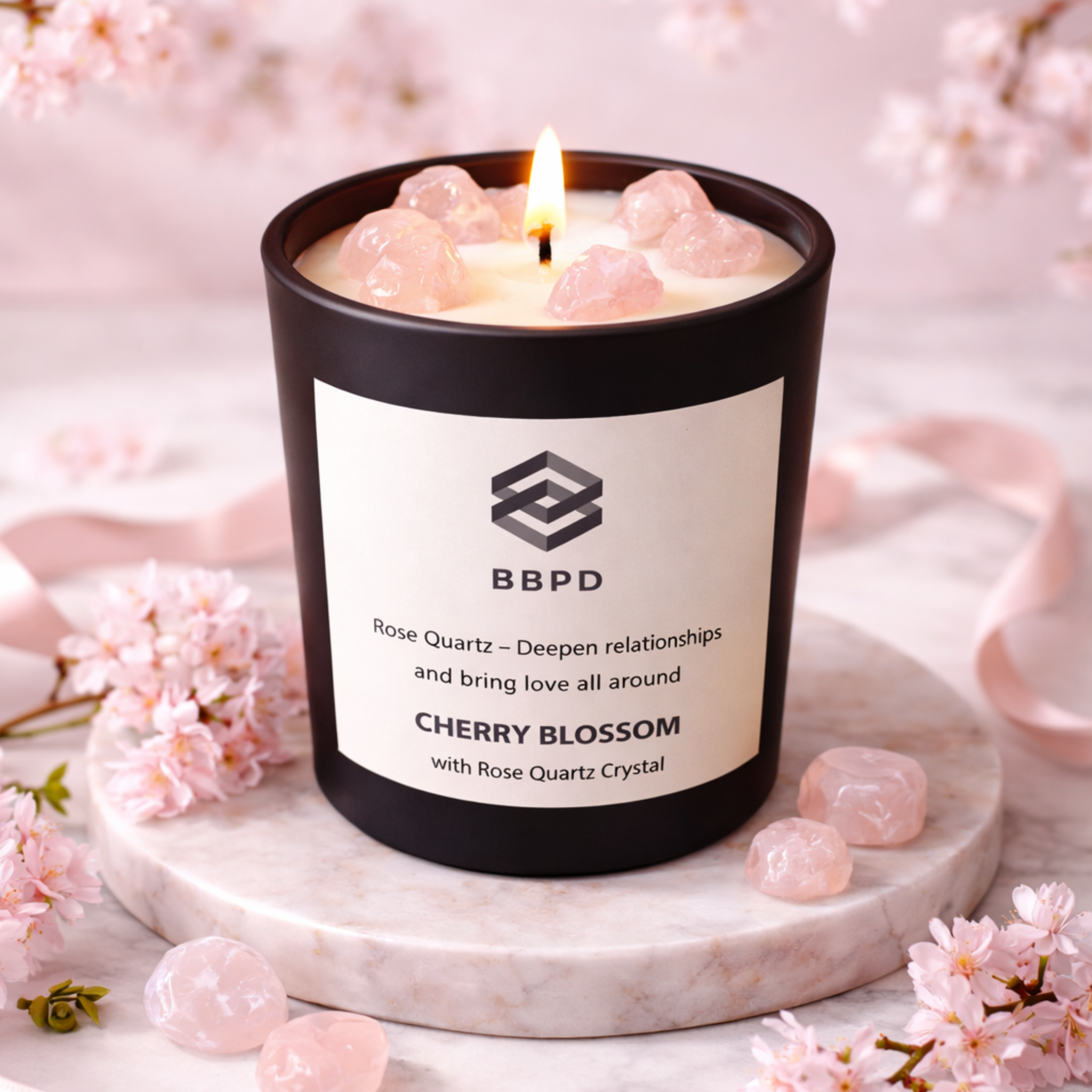 Japanese Cherry Blosson with Rose Quartz Crystal Candle 500g