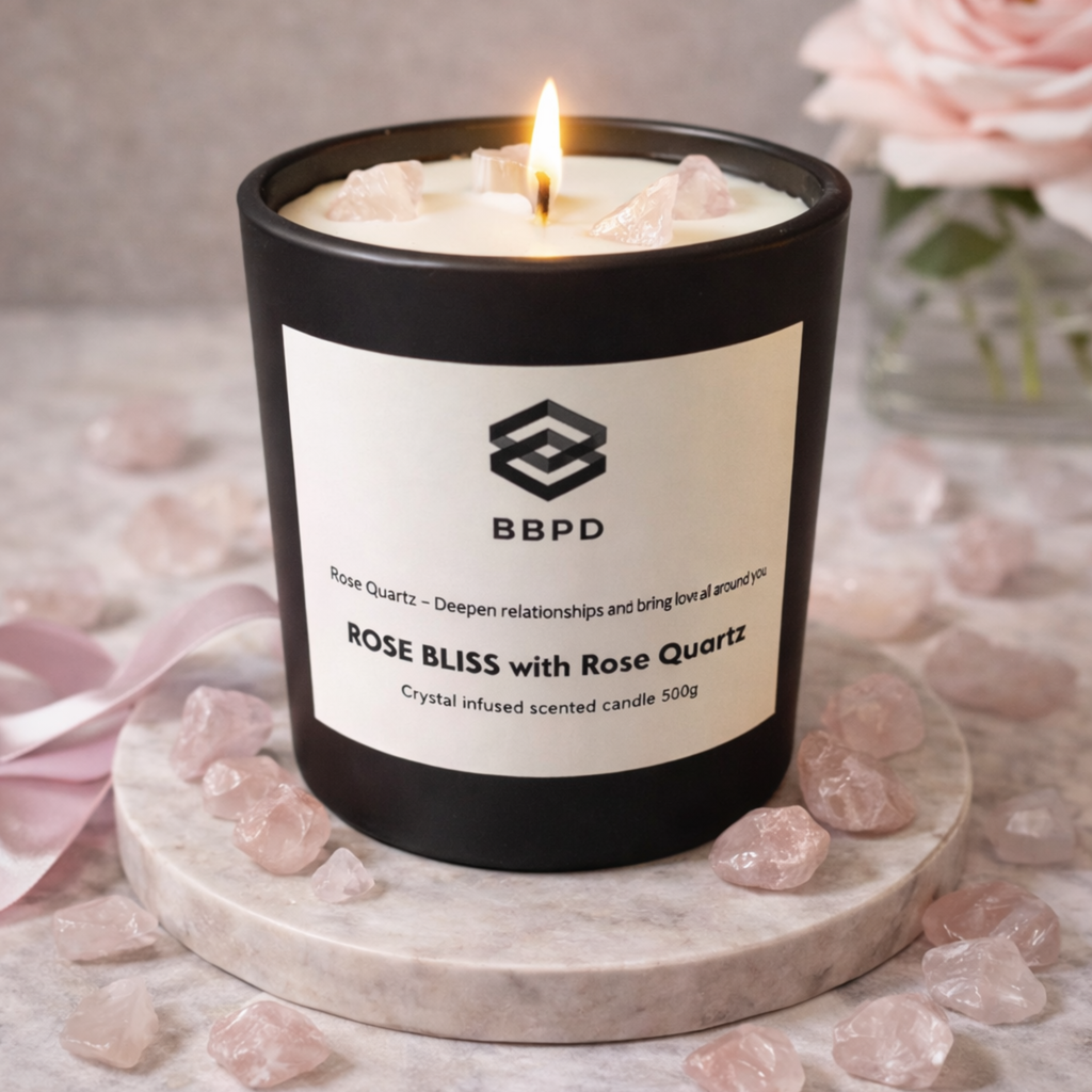 Rose Bliss with Rose Quartz Crystal Candle 500g