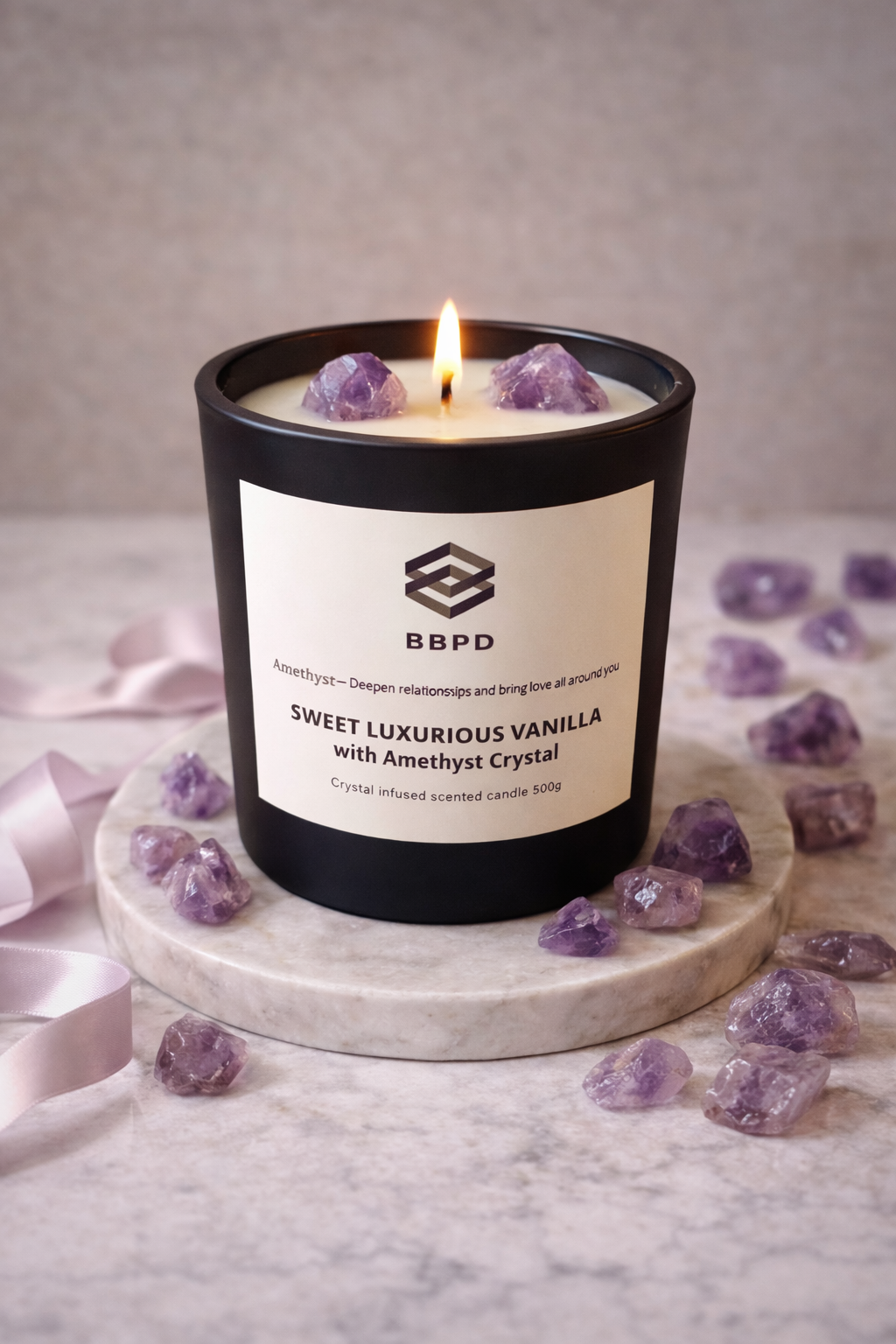 Sweet Luxurious Vanilla with Amethyst Crystal Candle 500g
