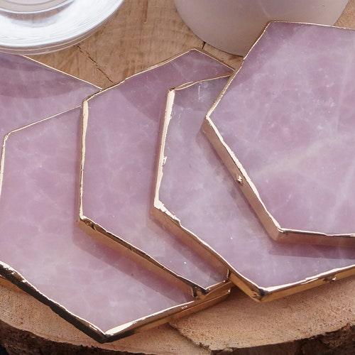 Luxe pure natural Rose Quartz Crystal coaster with gold trim - BBPD