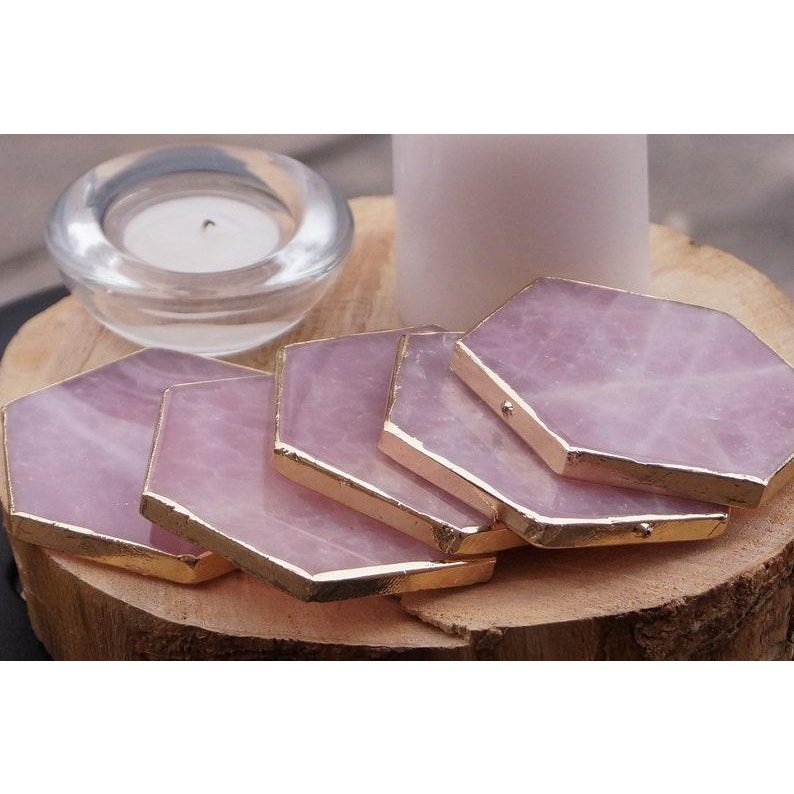 Luxe pure natural Rose Quartz Crystal coaster with gold trim - BBPD